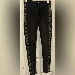 H&M black high waisted skinny jeans with leopard print appliqué stripes